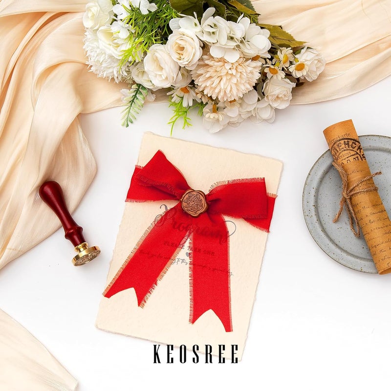 KEOSREE 3 Rolls Red Handmade Chiffon Ribbon,1.5" x 21Yd Frayed Fringe Silk Ribbons (3 Rolls *7Yd) for Gifts Wrapping, Wedding Invitations, Bridal Bouquets, Decorations - Image 5